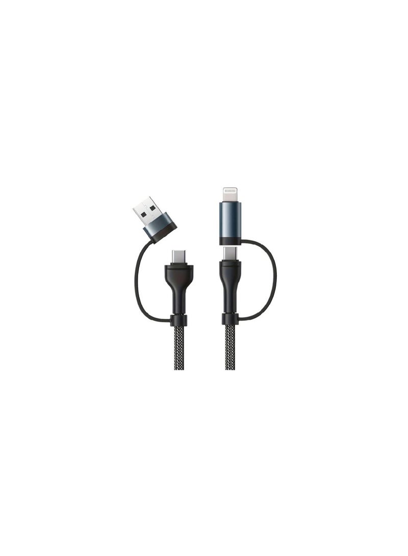 كابل iOsuite 4 في 1 من USB-A و USB-C إلى USB-C ولايتنينغ بشحن سريع حتى 60 واط، متوافق مع آيفون 8–17 وآيباد وسامسونج وأندرويد – رأس معدني من الزنك، نايلون مضفر، متعدد الاستخدامات 1.2 متر – أسود (DC79)